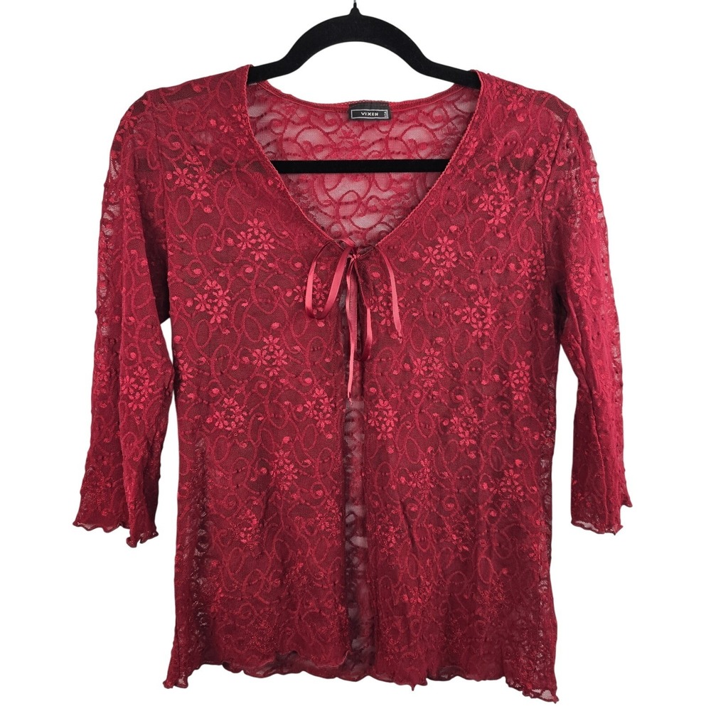 VTG Vixen Red Lace Sheer Cardigan 3/4 Sleeve Whimsigoth‎ Y2K 90's Size Medium